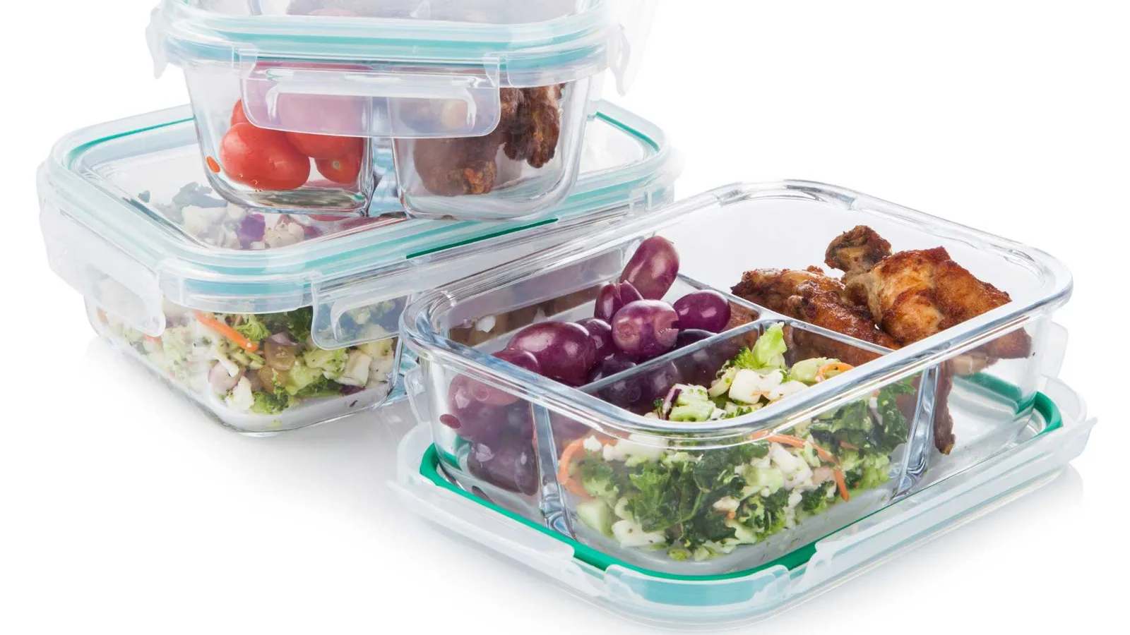 Stacked glass food storage containers with sealing lids