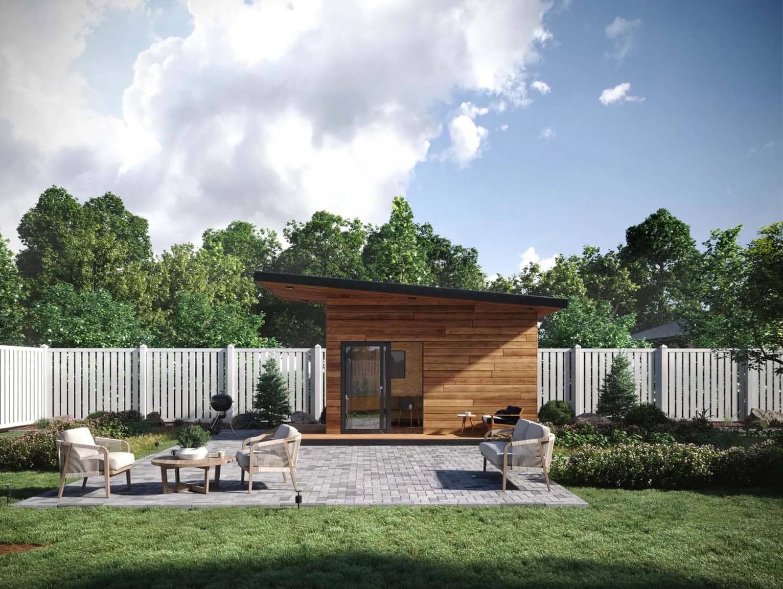 Modern shed studio in a landscaped backyard
