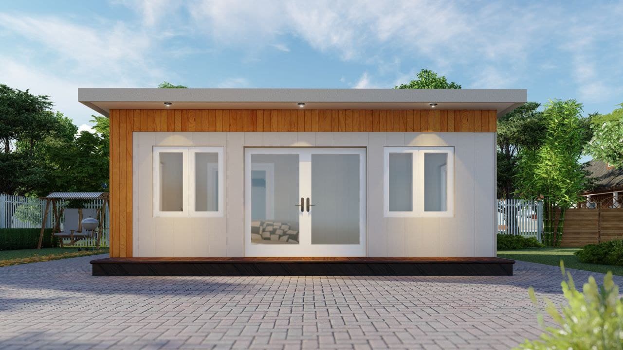 Modern backyard office shed with cedar accents, front view