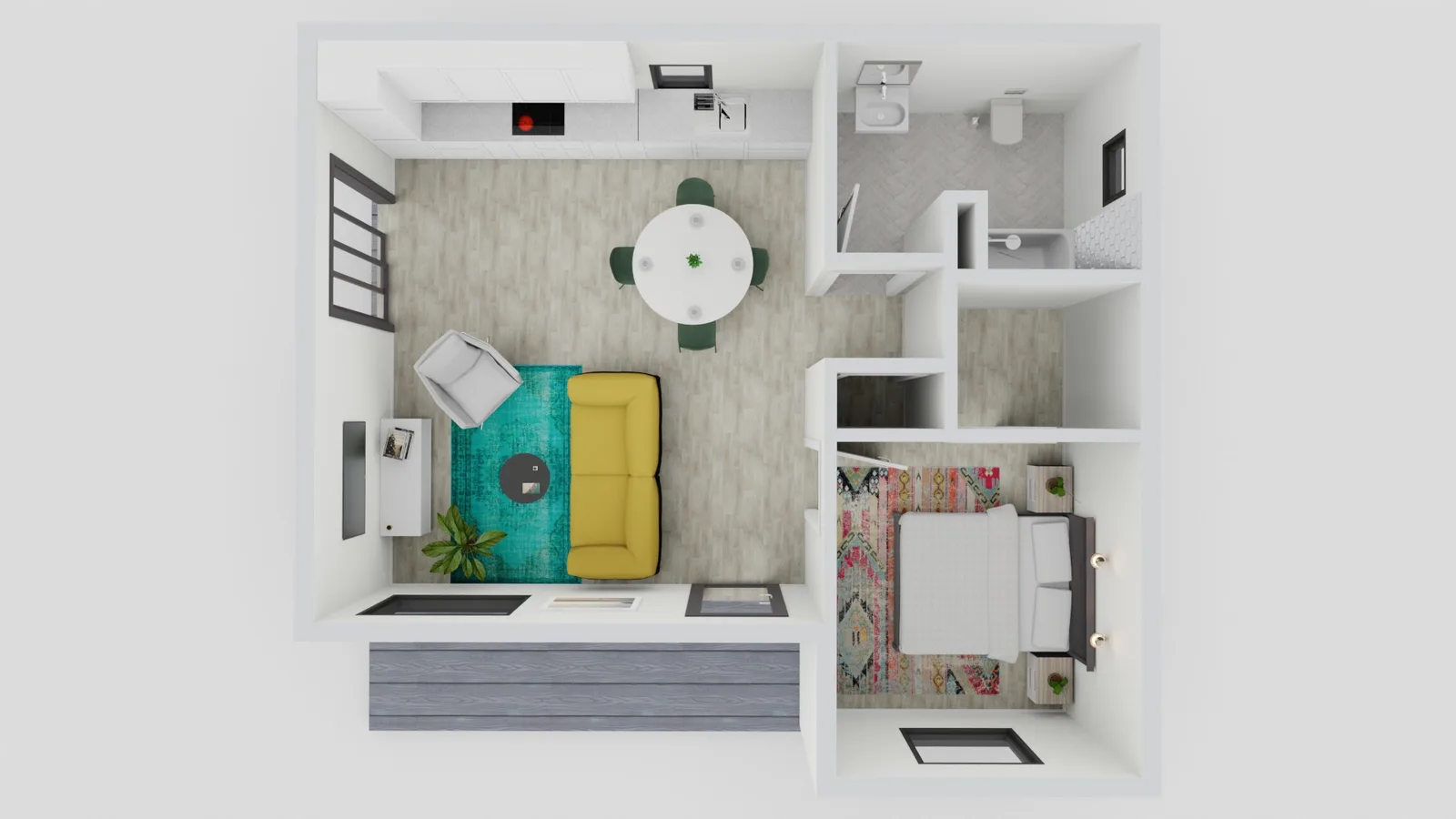 1 bed 1 bath 600 sq ft ADU plan