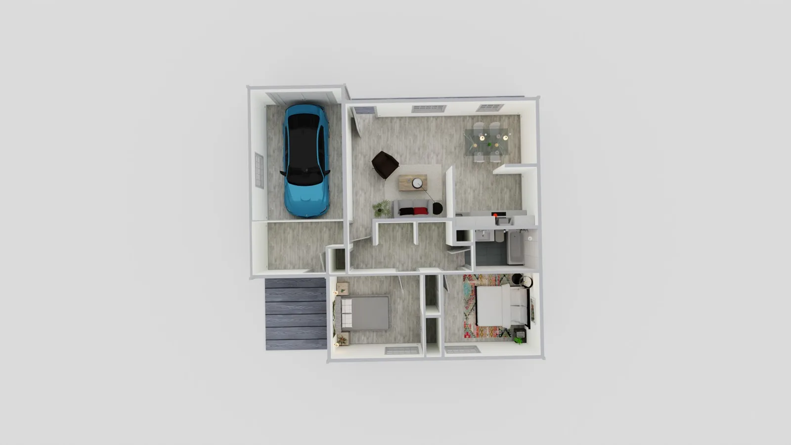 1004 sq ft 2b1b ADU floor plan with 1 car garage