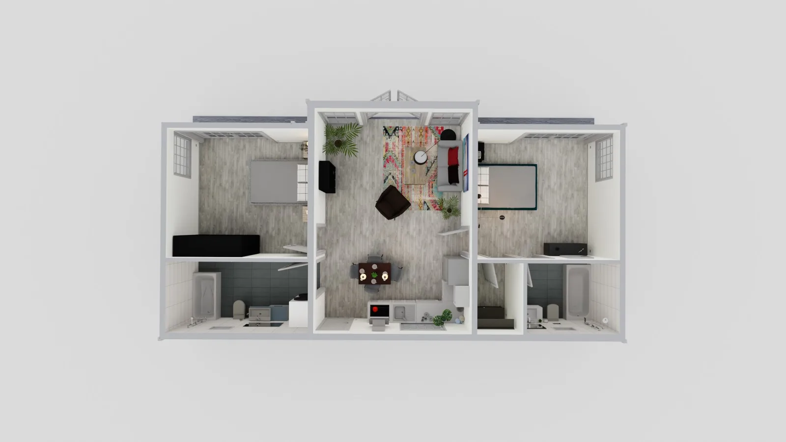 900 sq ft 2 bed 2 bath ADU floor plan
