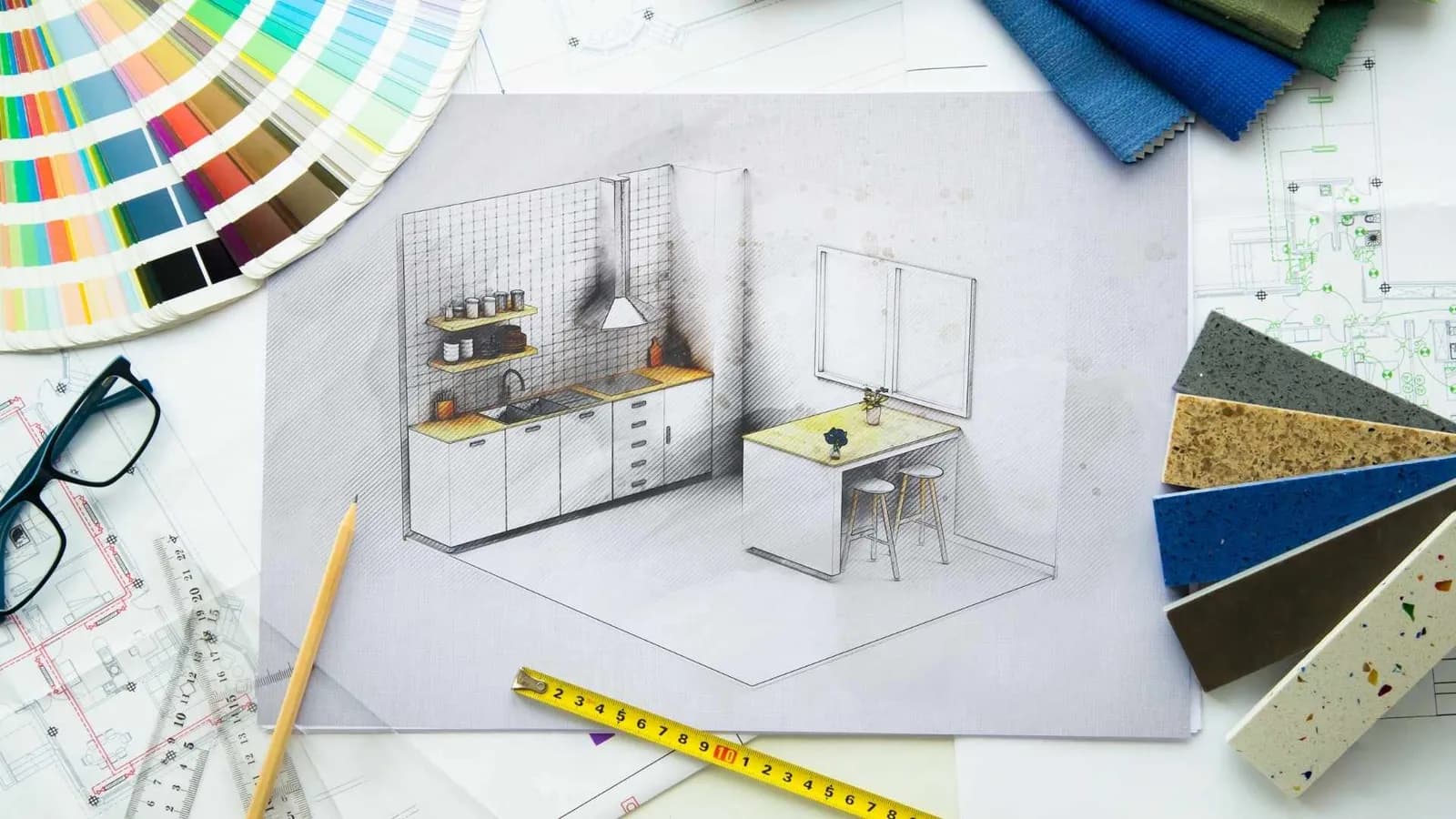 2d kitchen design with samples and paint color fan