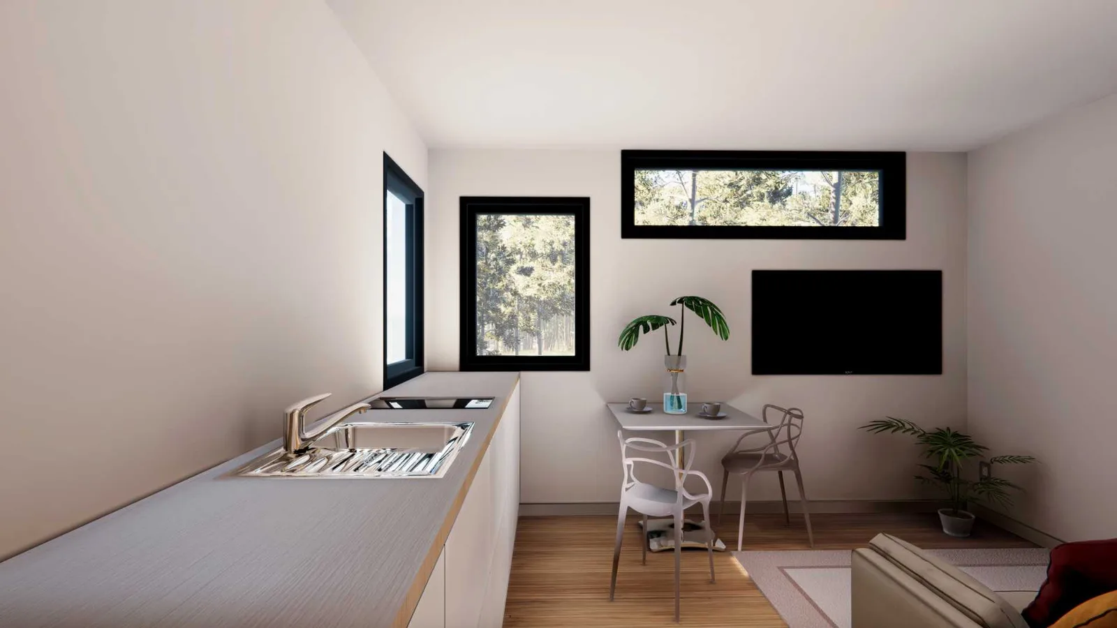 3d look for ADU plan with view of kitchen, tv and a glimpse of sofa