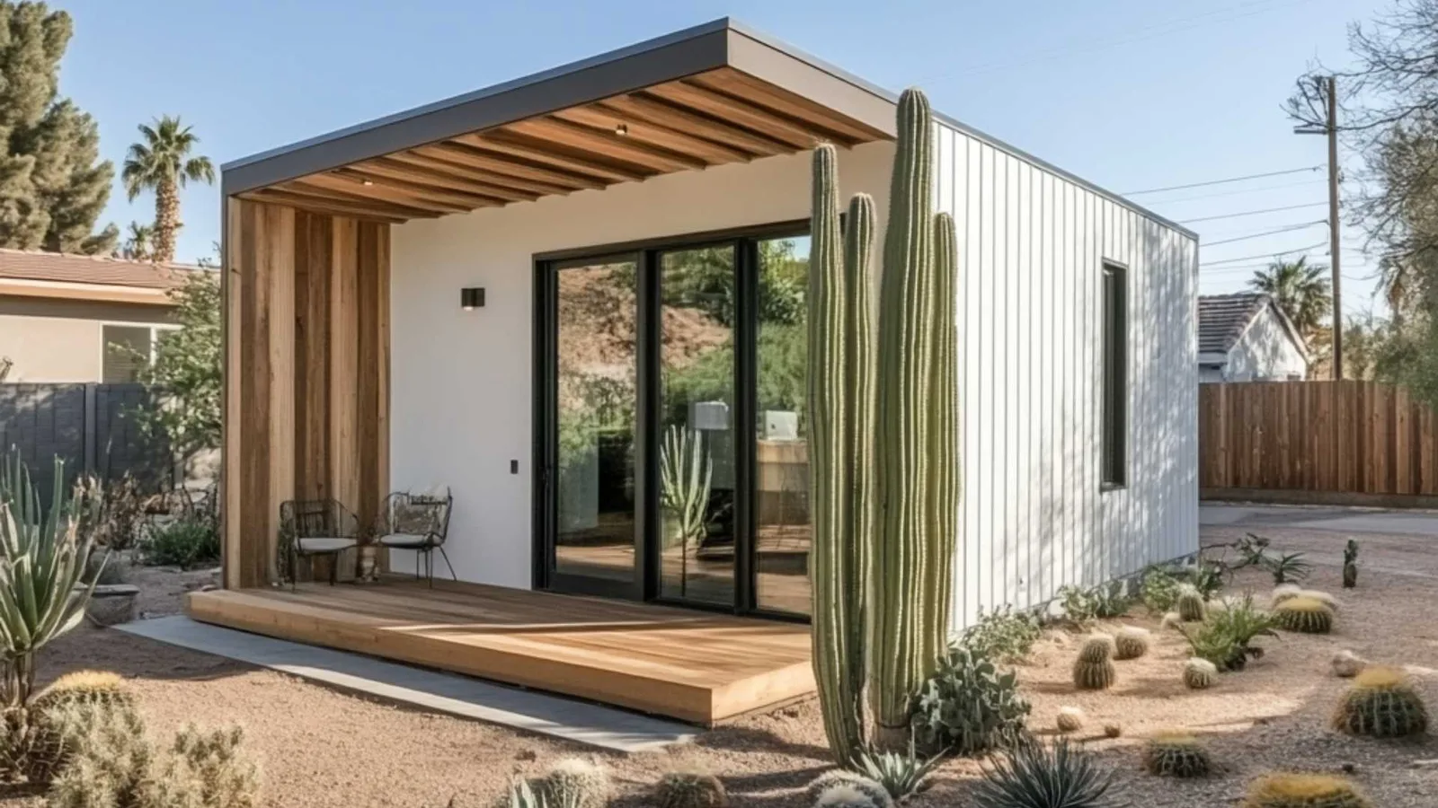 500-square-foot prefab ADU shed in a backyard