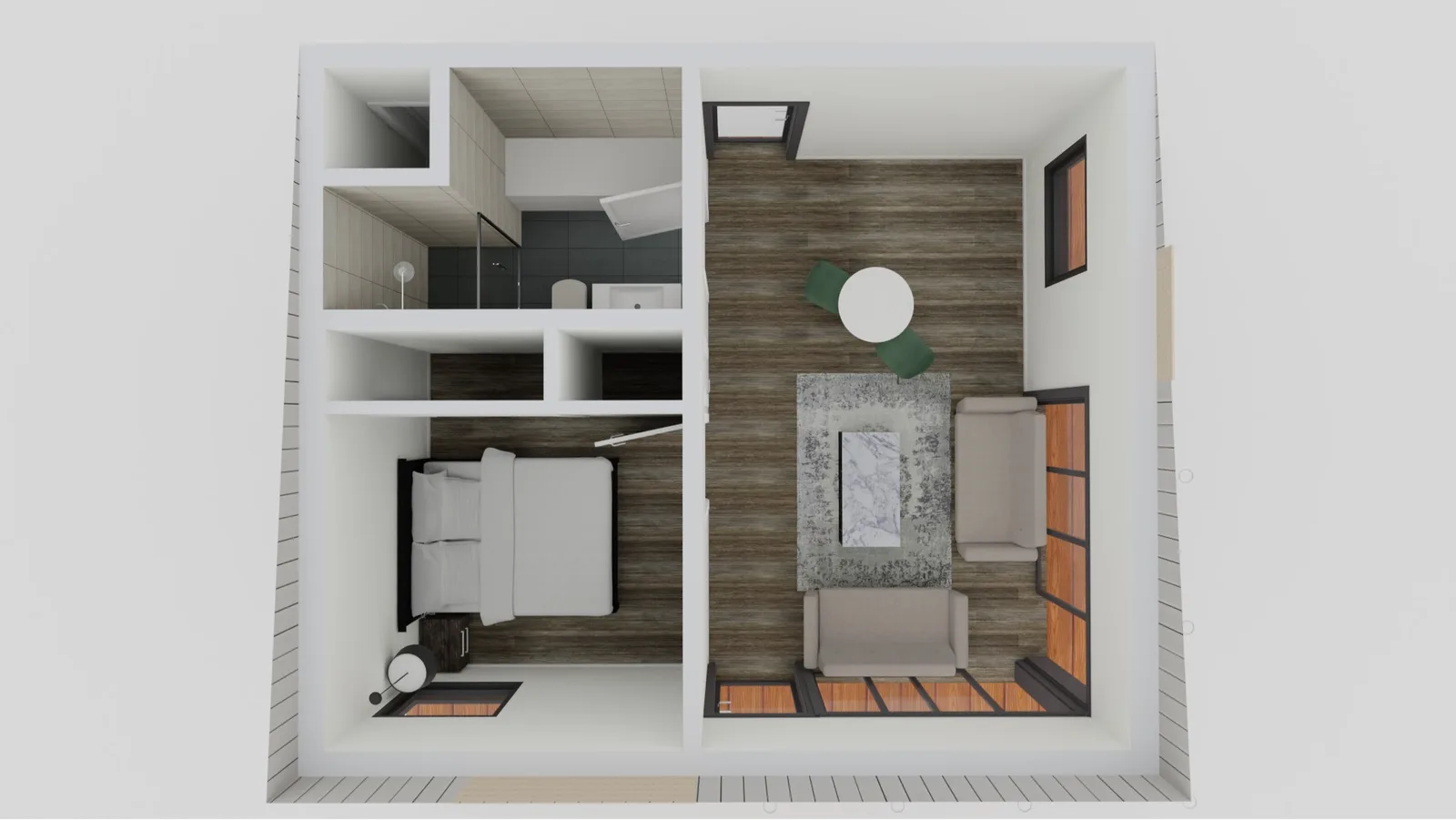 500 sq feet 1 bed 1 bath unit - 3D floor plan