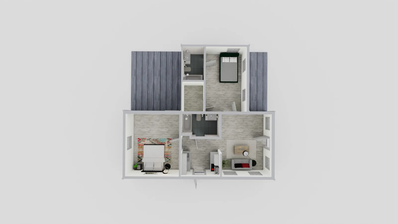 738 sq ft 2b2b ADU floor plan