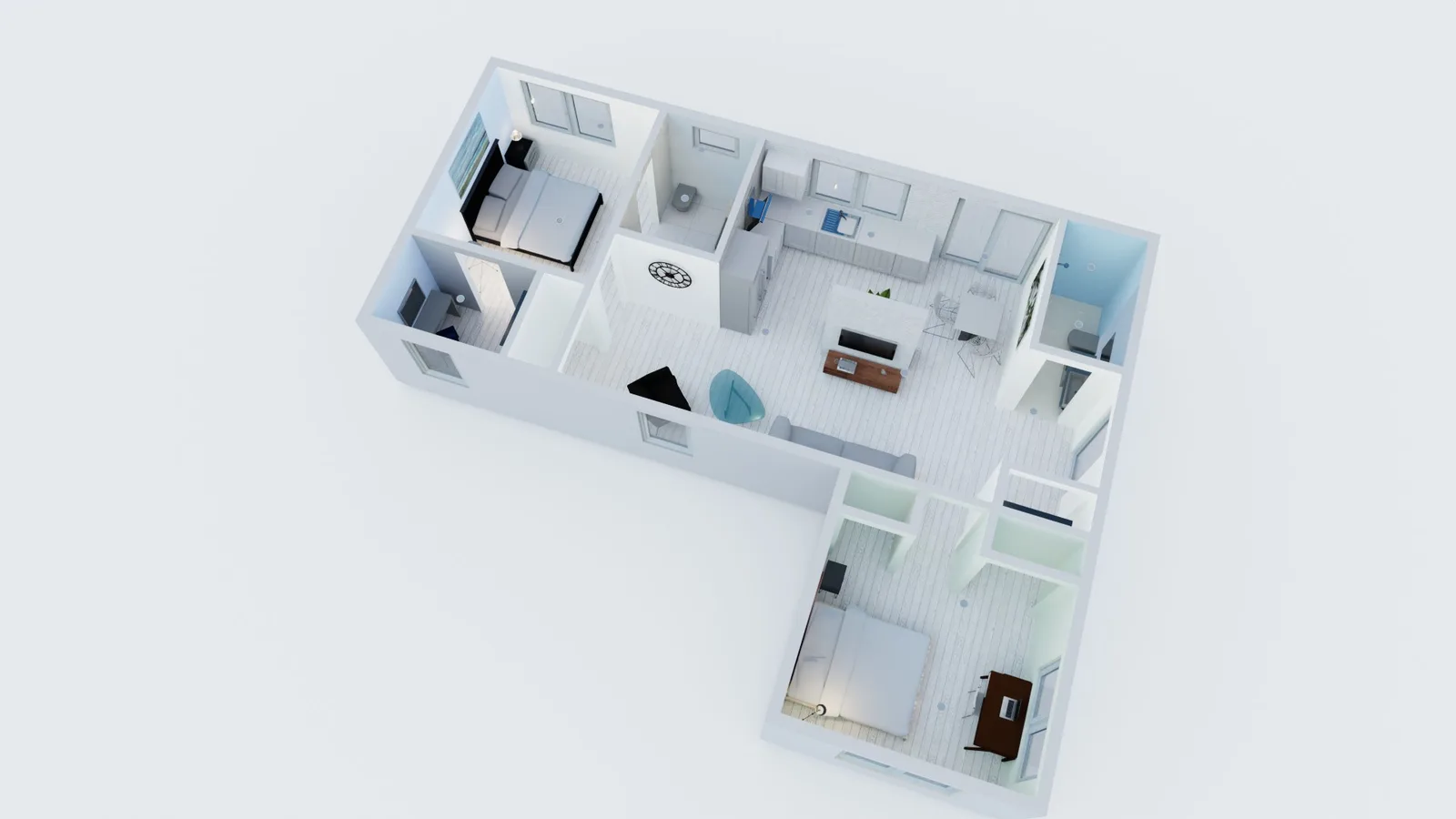 799 sq ft 2-bedroom 2-bathroom L-shaped ADU