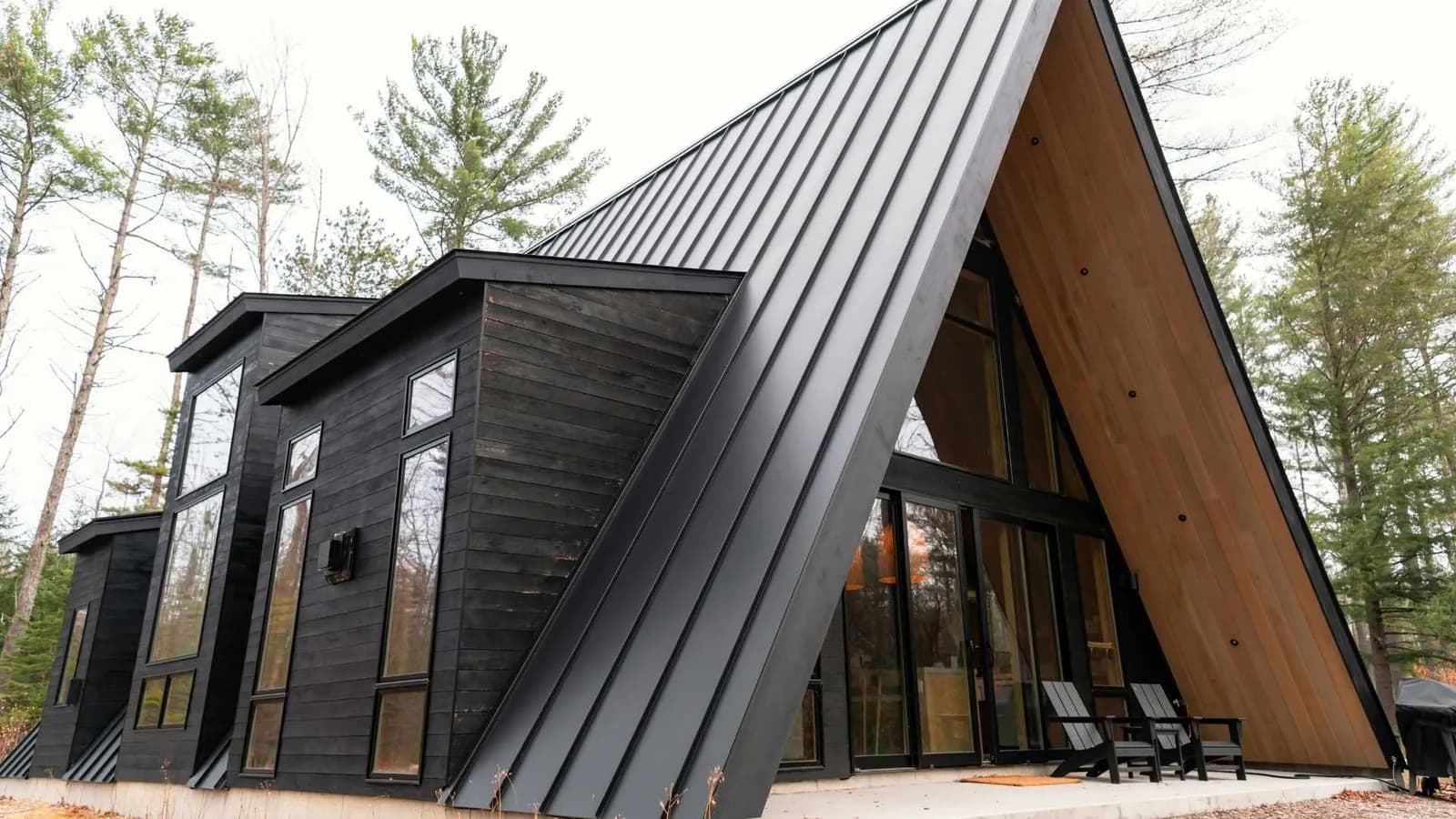 A-frame cabin with metal roof