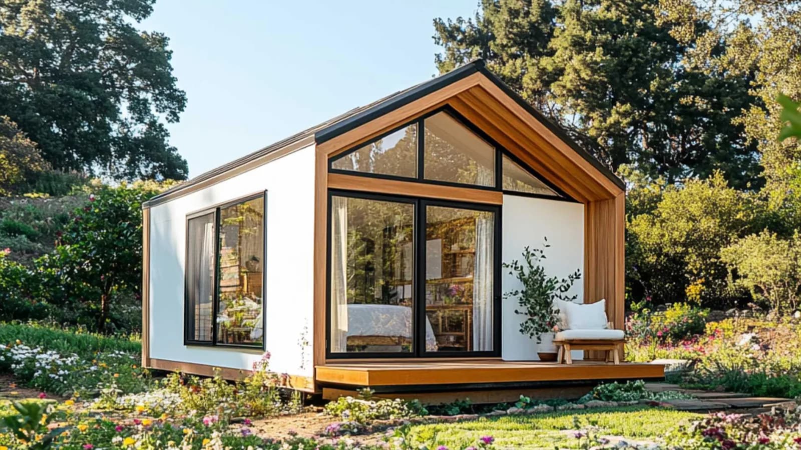 ADU in real estate — Option #1: white painted stucco, wood accents, black frame windows
