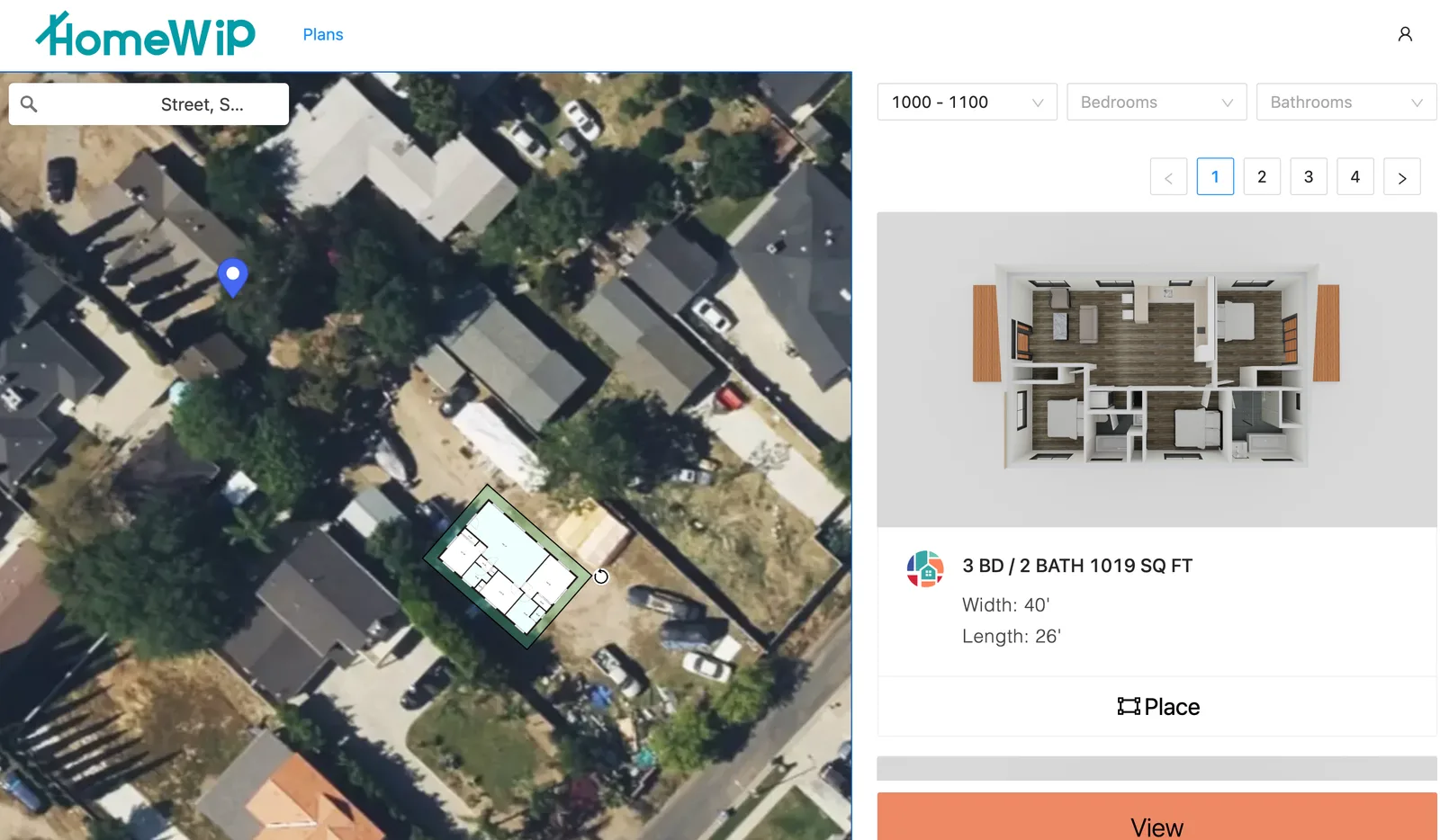 HomeWiP ADU Planner — placing an ADU on the satellite map of a property