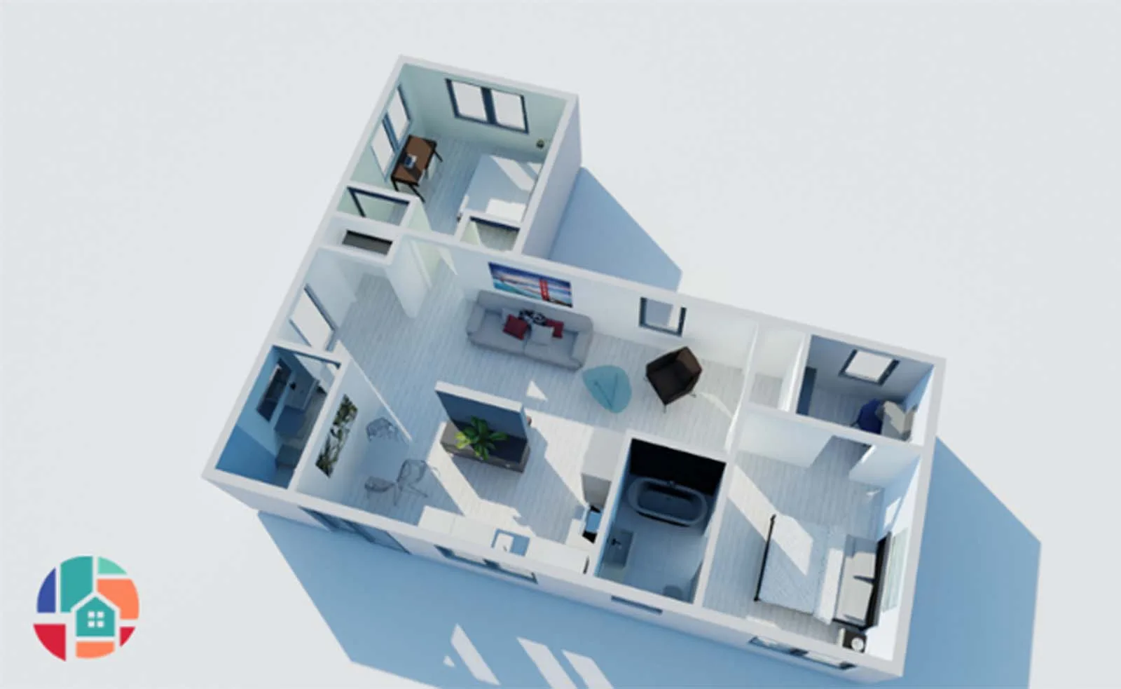 1000 sq ft L-shaped backyard ADU floor plan