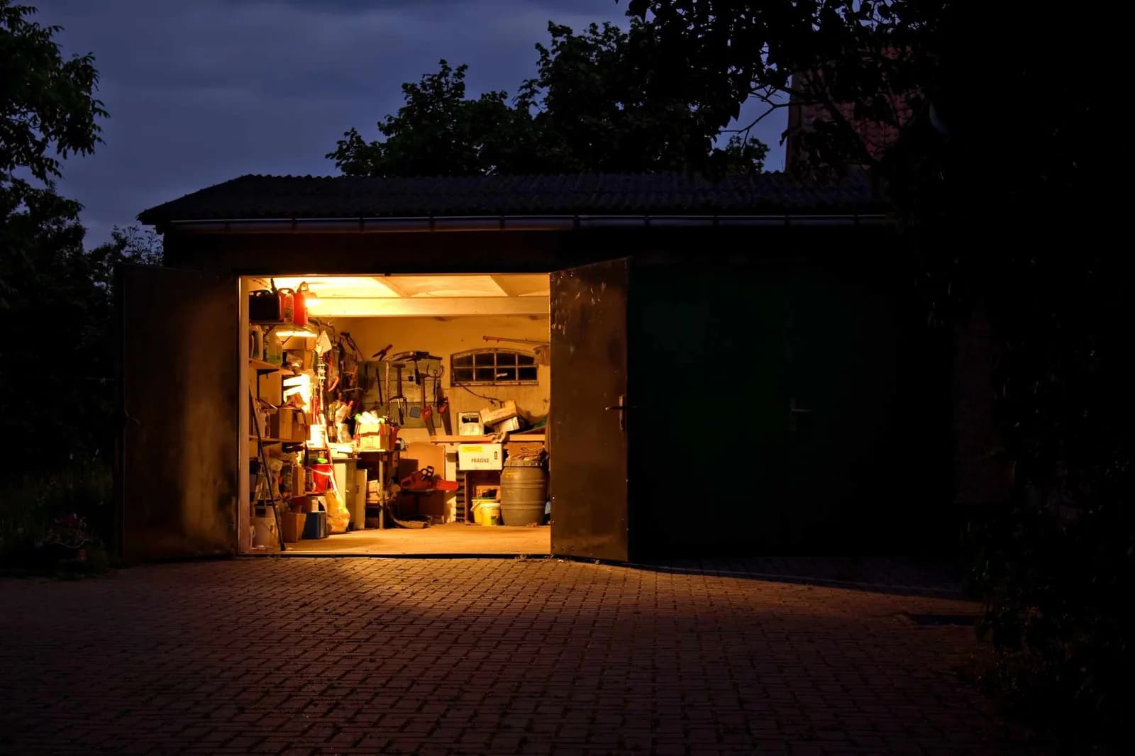 cluttered garage at night