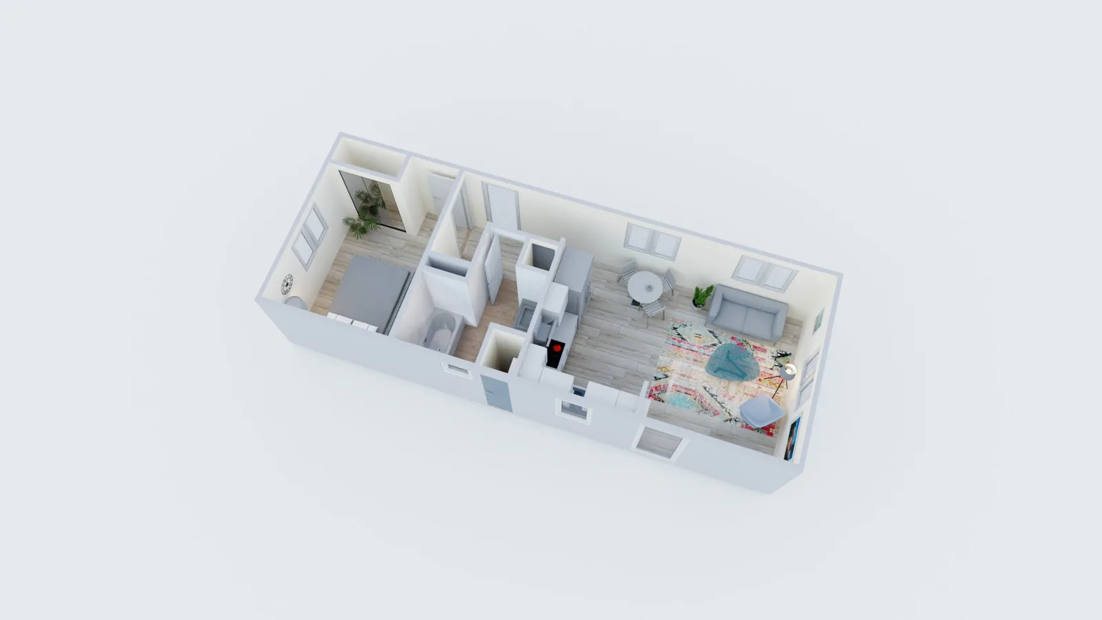 3D floor plan of a compact one-bedroom ADU with a galley layout