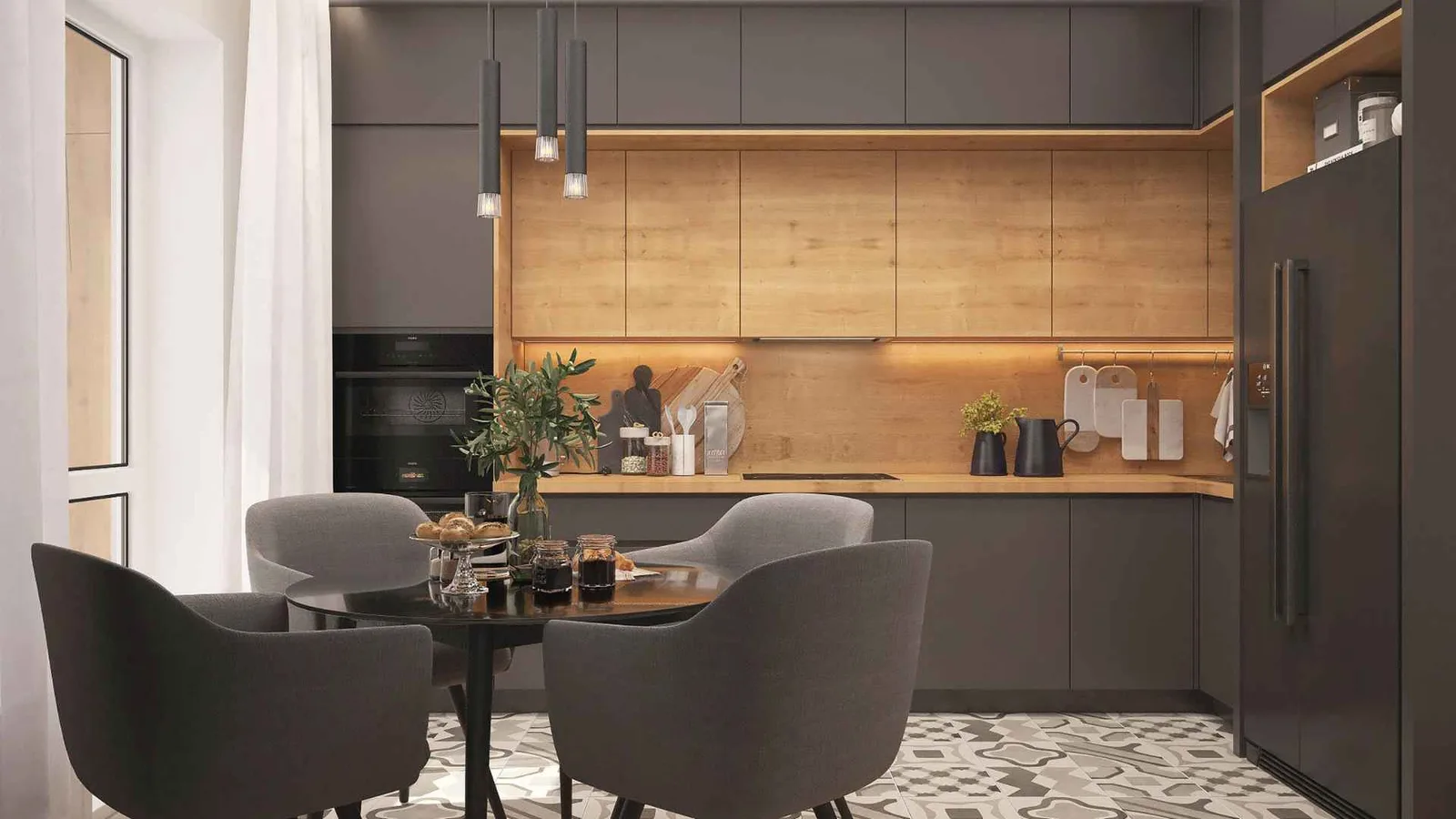 dining room for 4 in a tiny home, dark cabinets with wood accents
