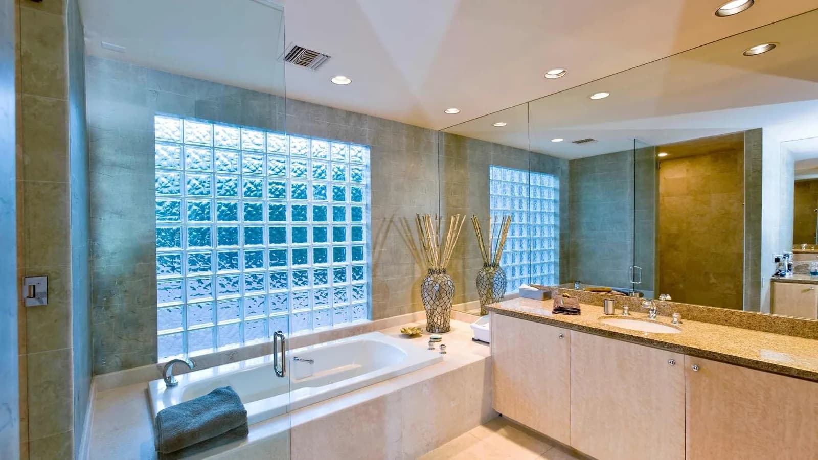 Glass block wall in a bathroom