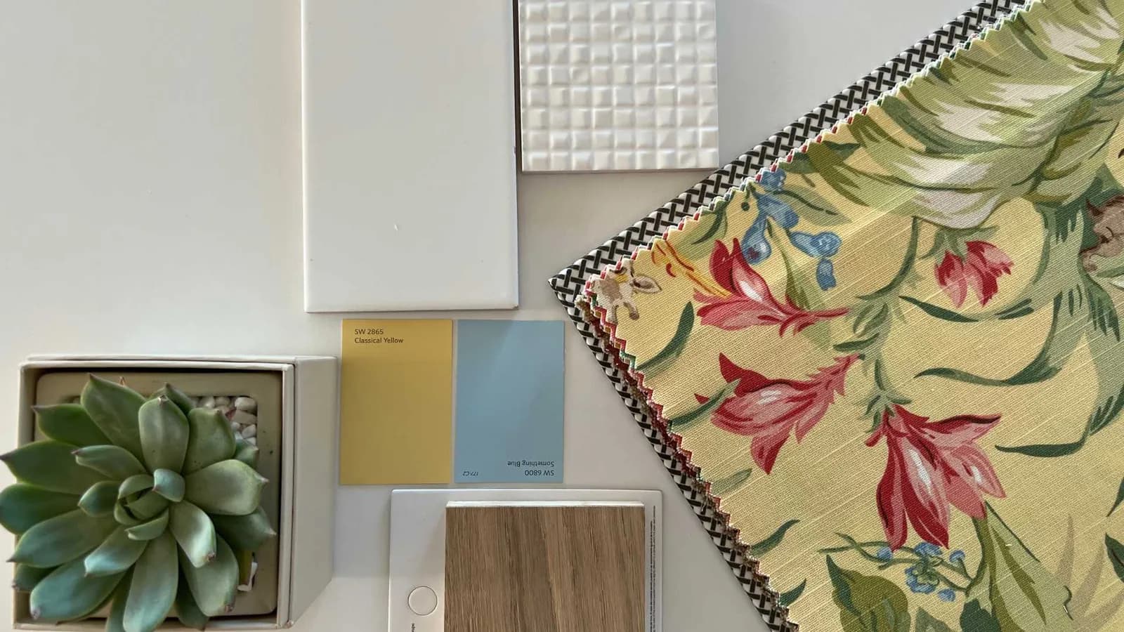 Home WiP interior design with white tile, yellow and blue paint