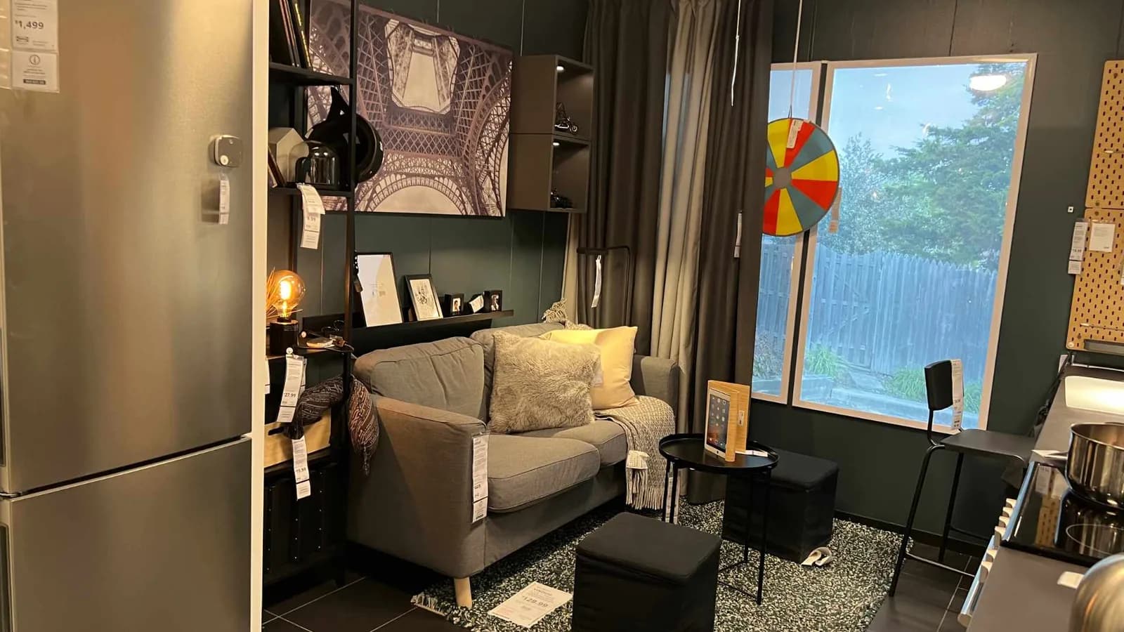IKEA sofa and fridge in 120 sf