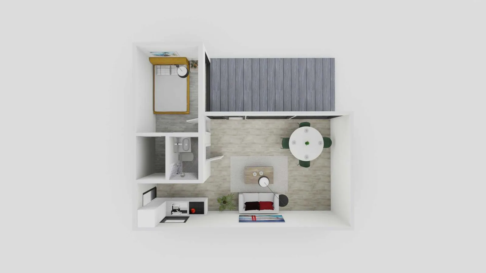 L-shaped ADU plan 407 sq ft