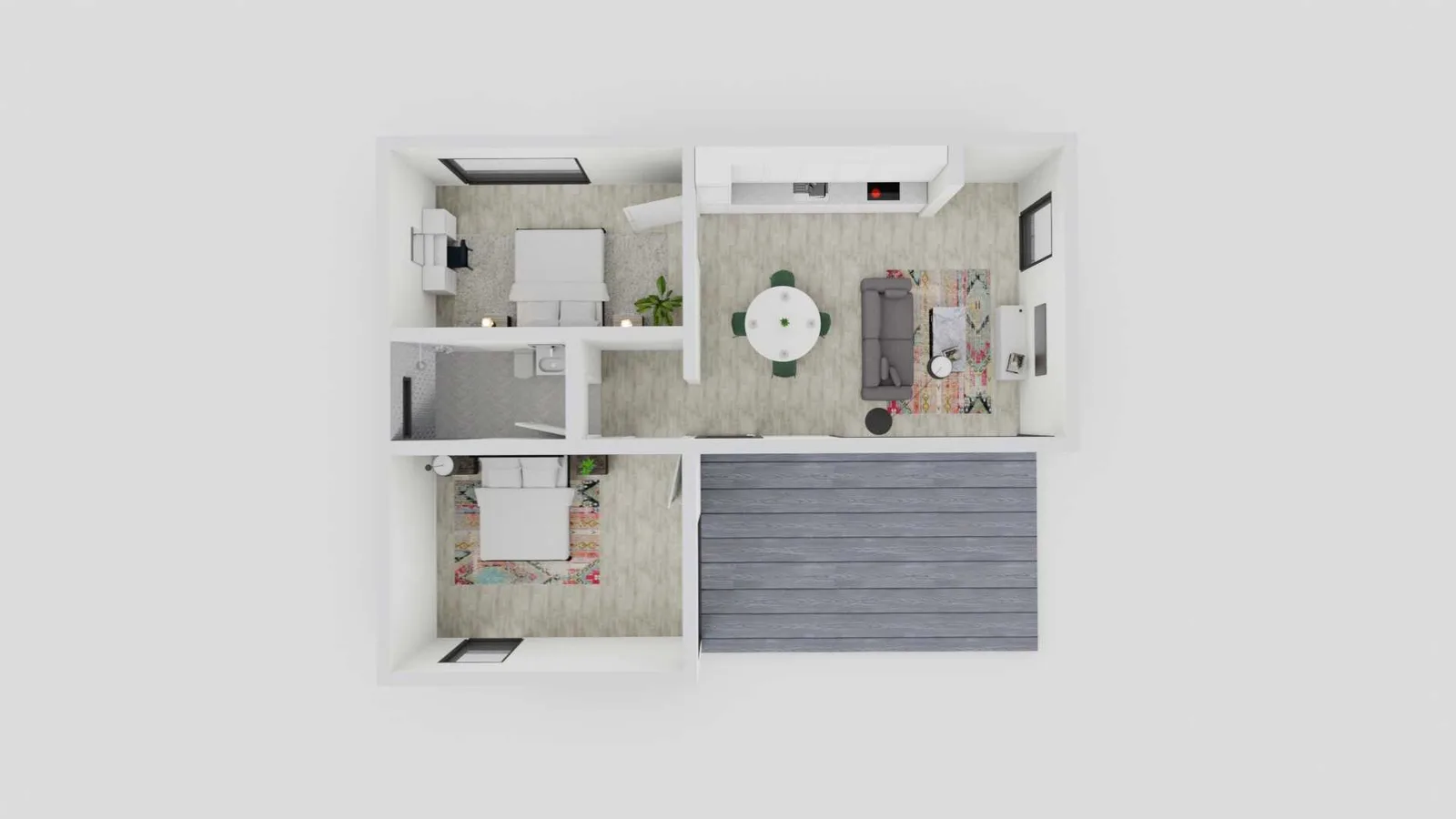 L-shaped ADU plan 892 sq ft