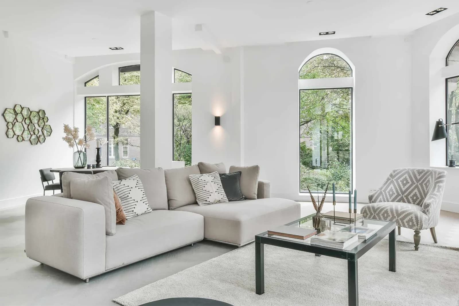 living room with arched windows