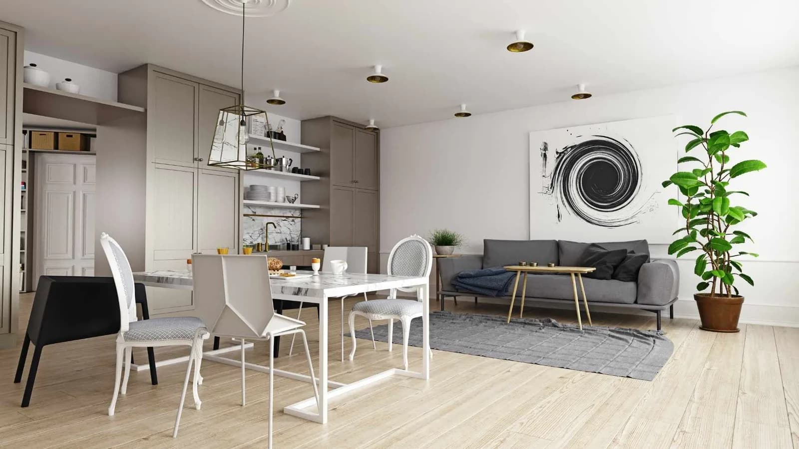 Open living room with kitchen in a tiny home interior
