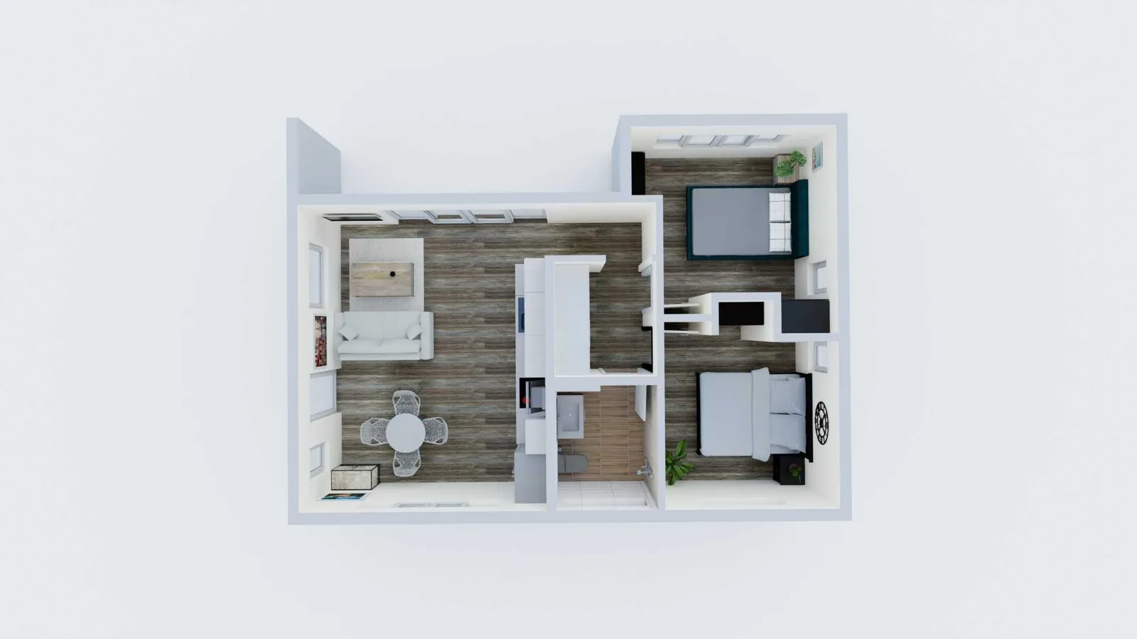 Modern ADU floor plan for a 750 square foot two-bedroom unit