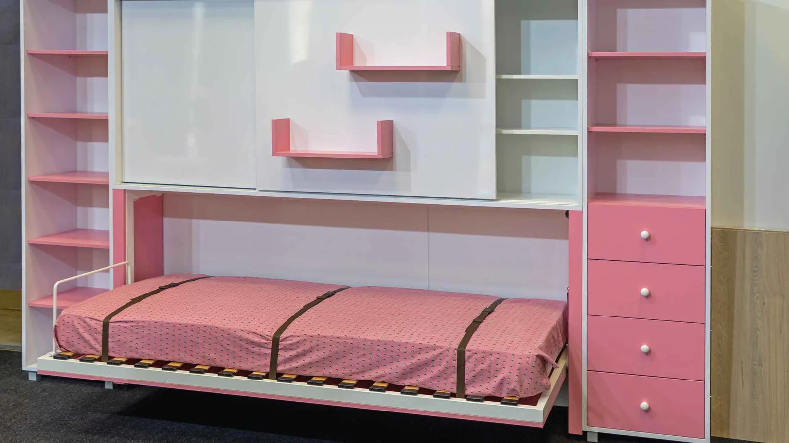Folding Murphy bed in a small bedroom