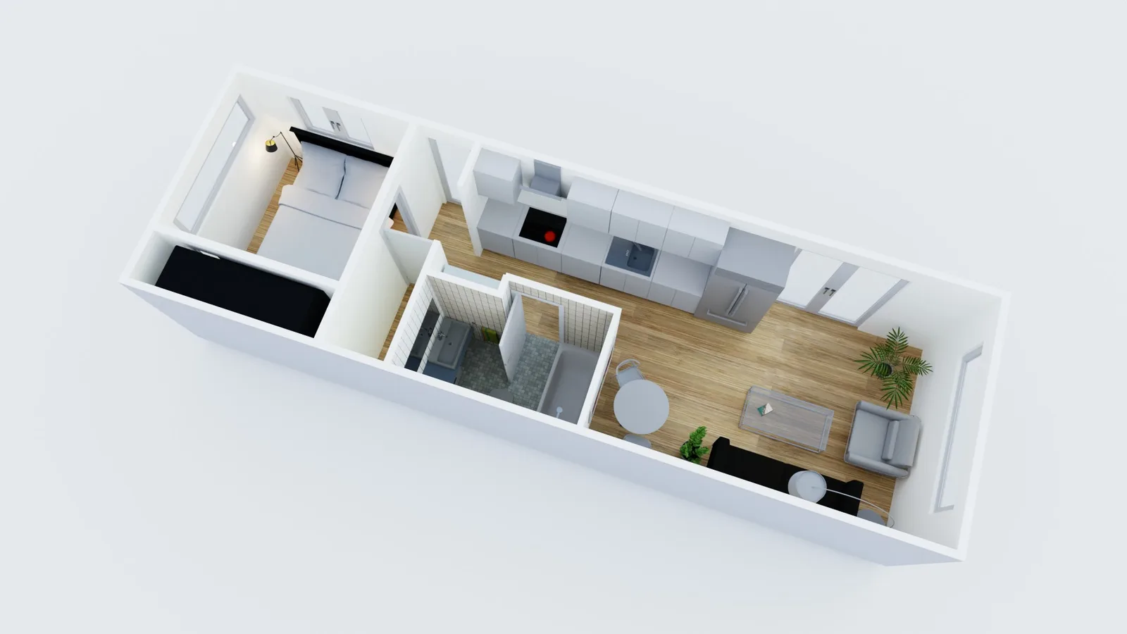 Narrow one-bedroom ADU floor plan