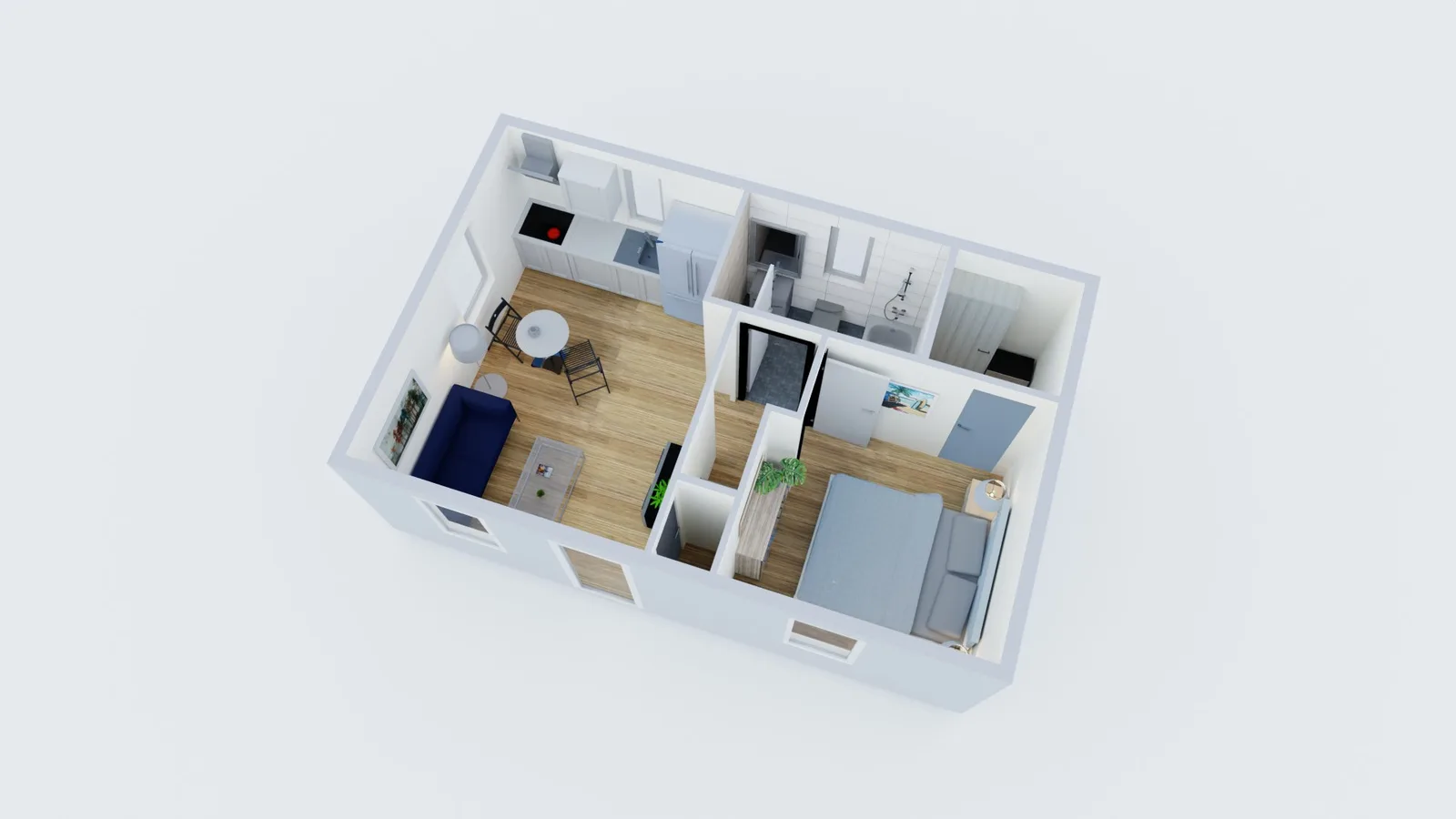 3D floor plan of a one-bedroom ADU with open kitchen, living area and bedroom