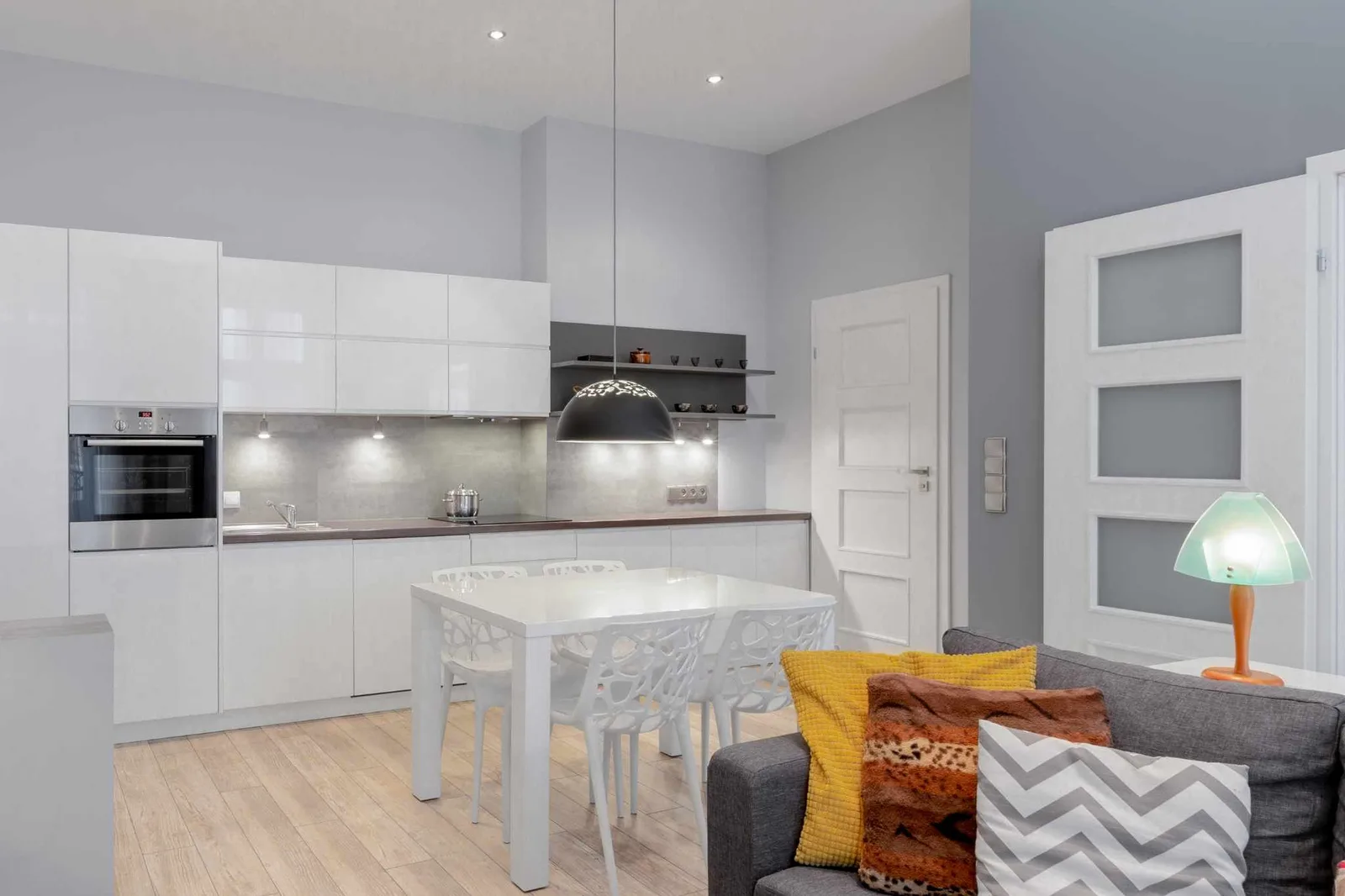 open space living room in converted garage