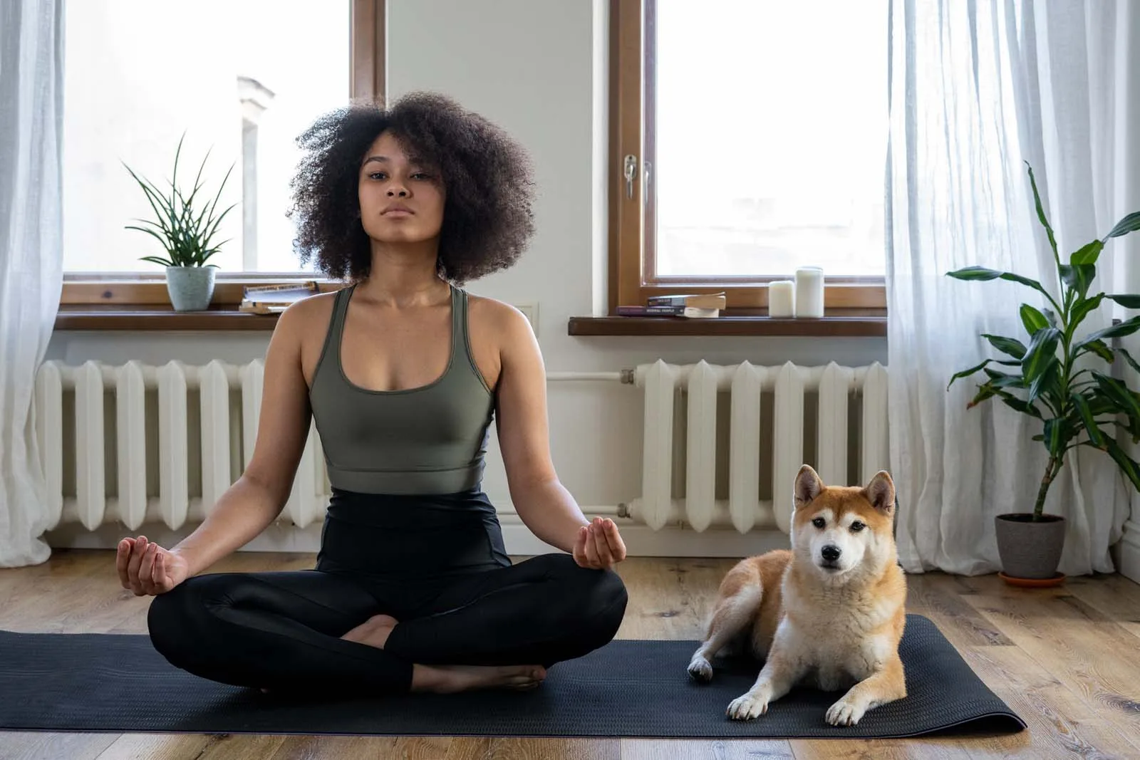 Person practicing yoga in a bright, modern backyard studio