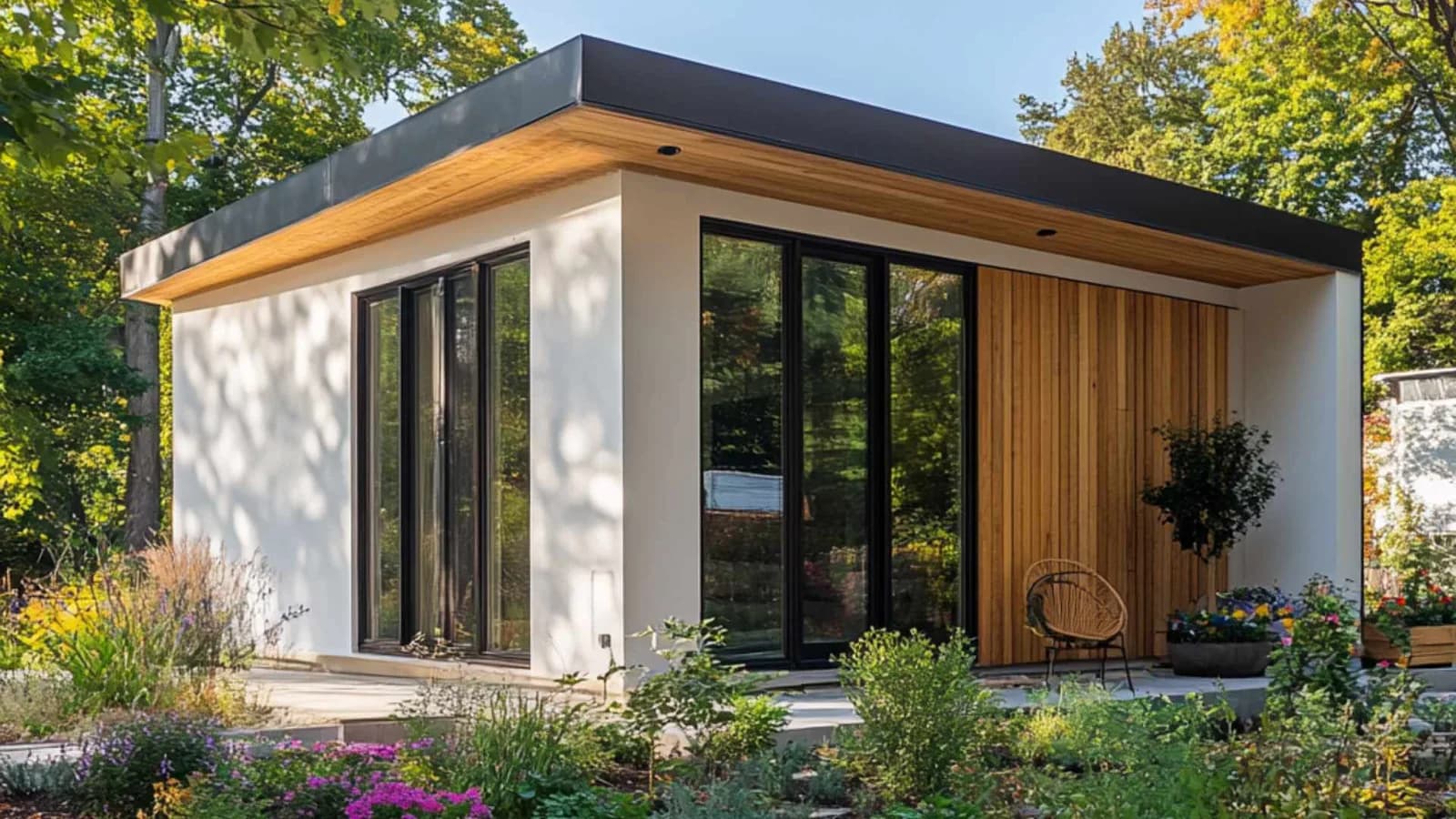 White stucco Prefabricated Accessory Dwelling Unit with wood cladding for accent