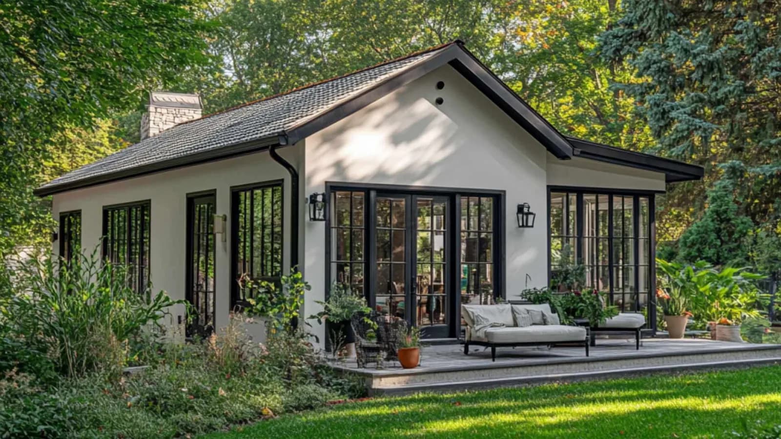 Prefabricated Accessory Dwelling Unit with a sunroom and pitch roof