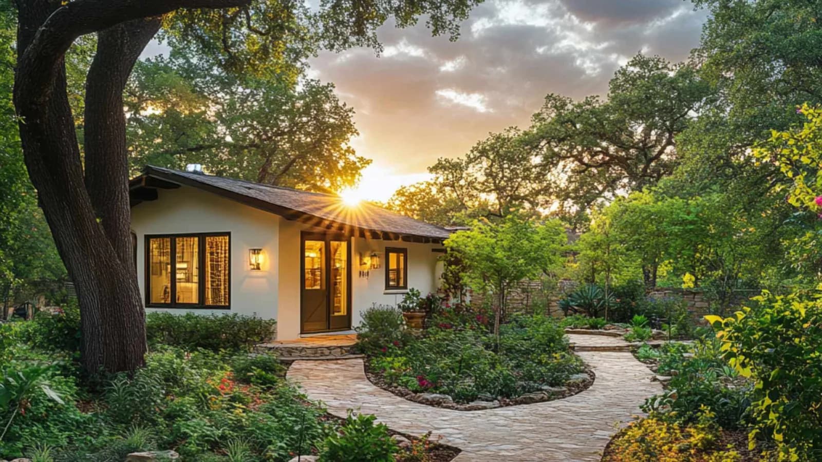 Prefabricated Accessory Dwelling Unit in white stucco with black frame windows