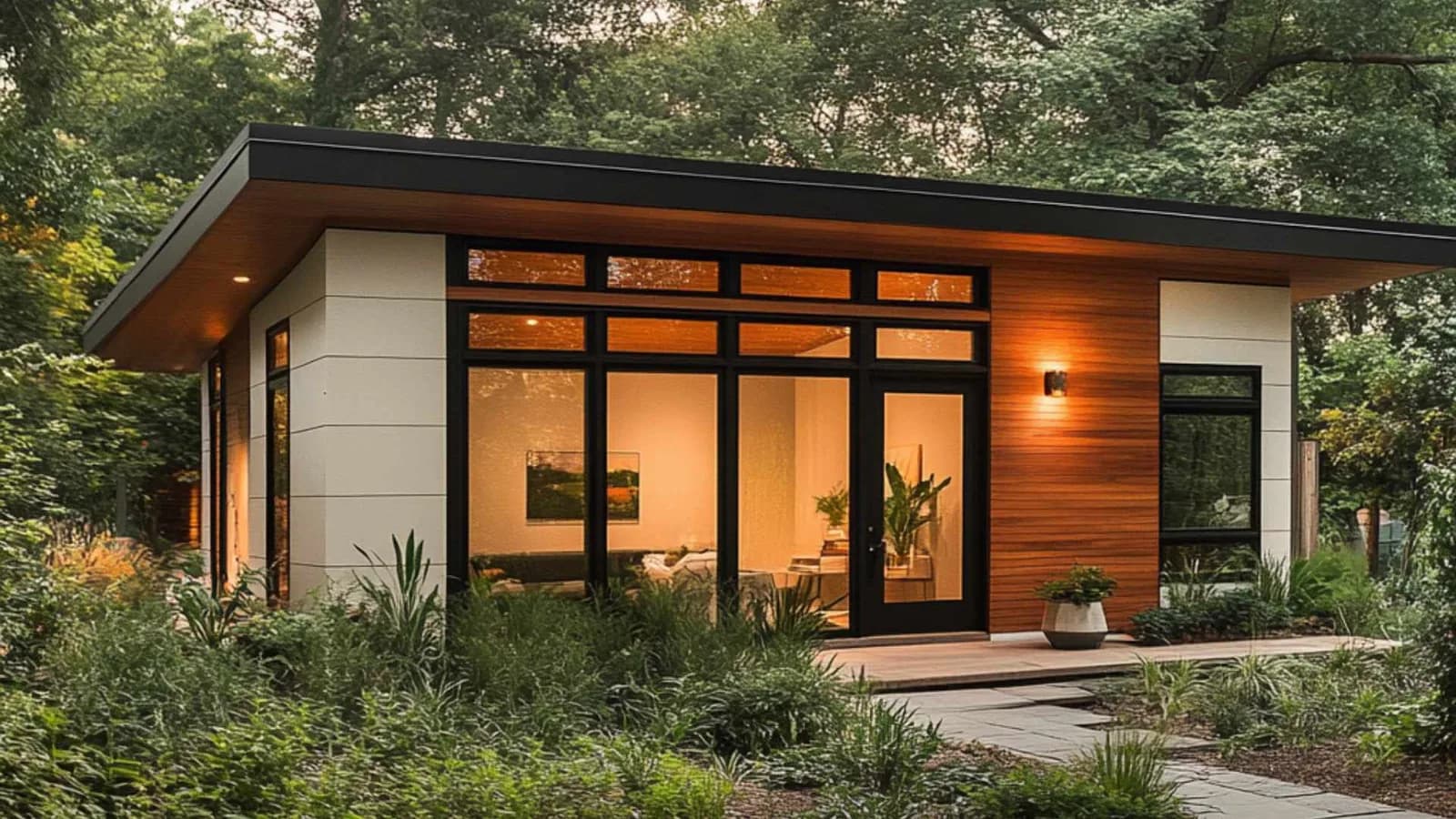 Prefabricated Accessory Dwelling Unit with large windows, wood accent on white paneled exterior