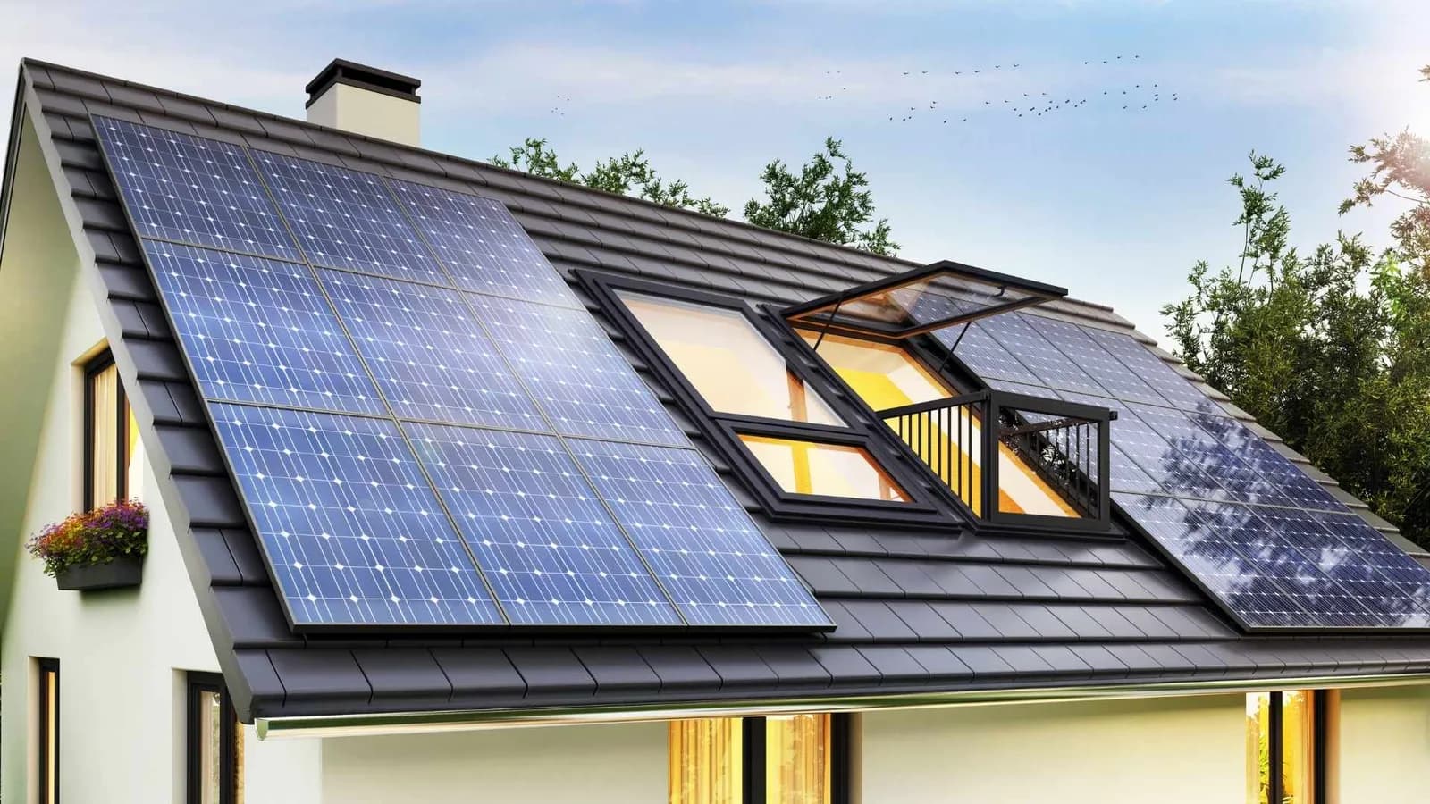 Tiny home roof with skylight window and solar panels
