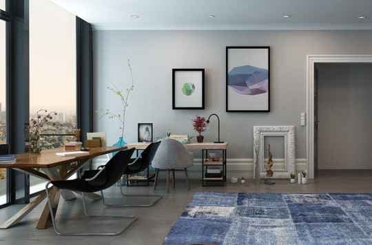 Tidy home office desk with plants and a patterned rug