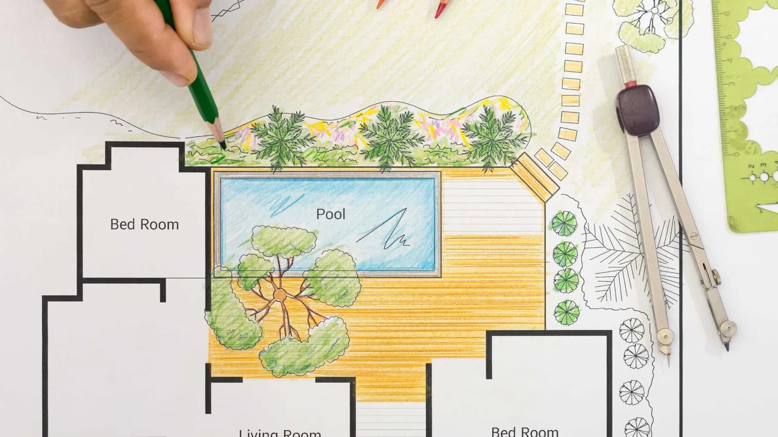 Site plan drawing of a property showing a house and swimming pool