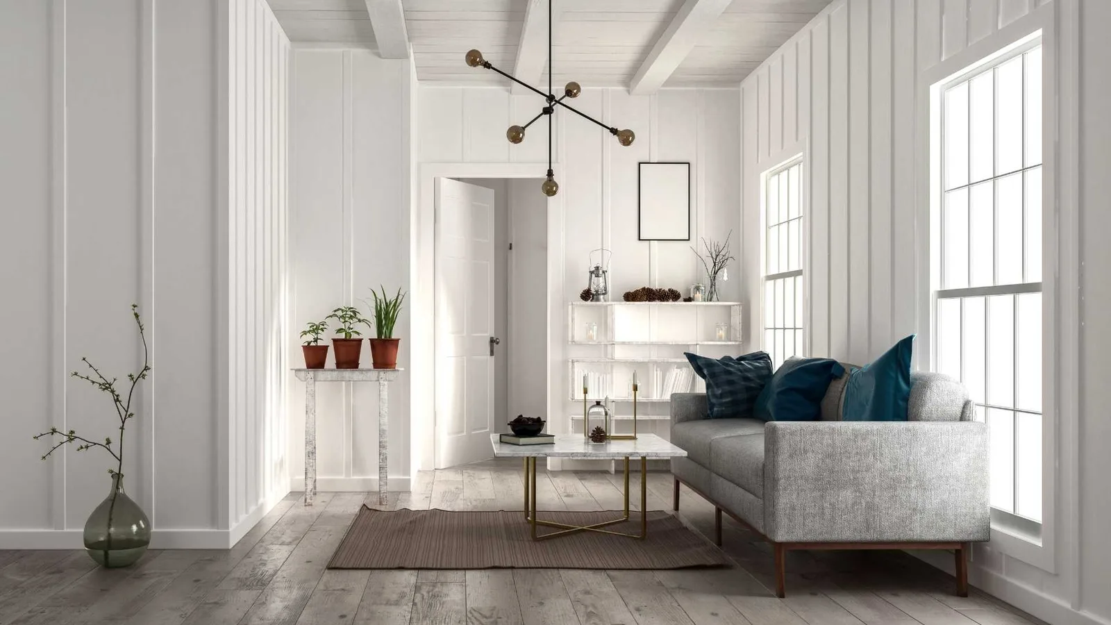 Sofa in a backyard cabin room with white walls