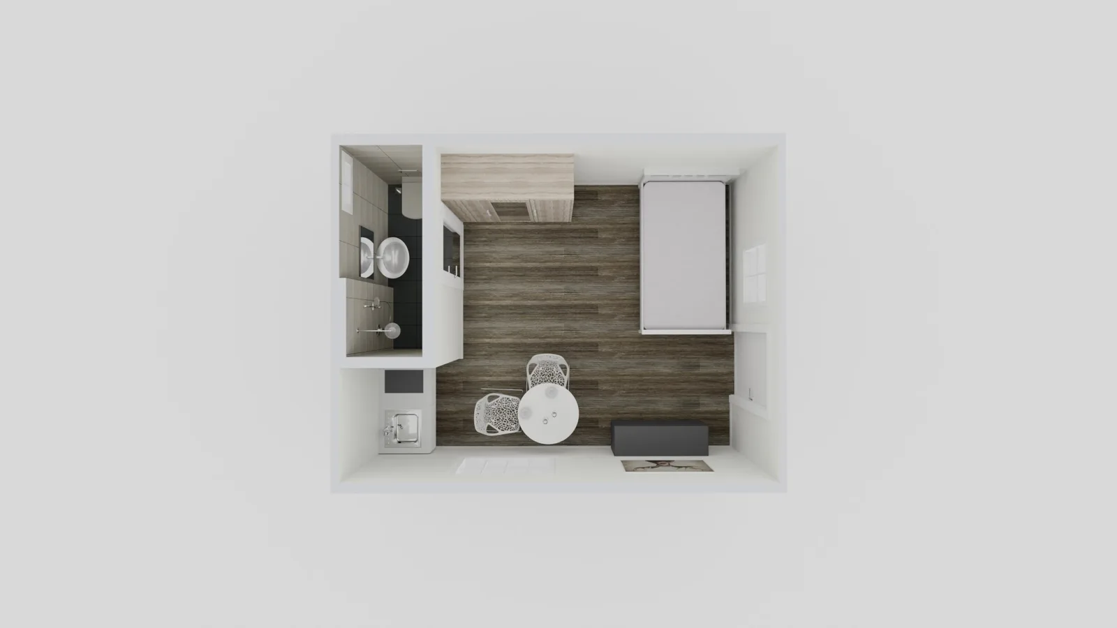 Studio 200 sq ft with tiny bathroom