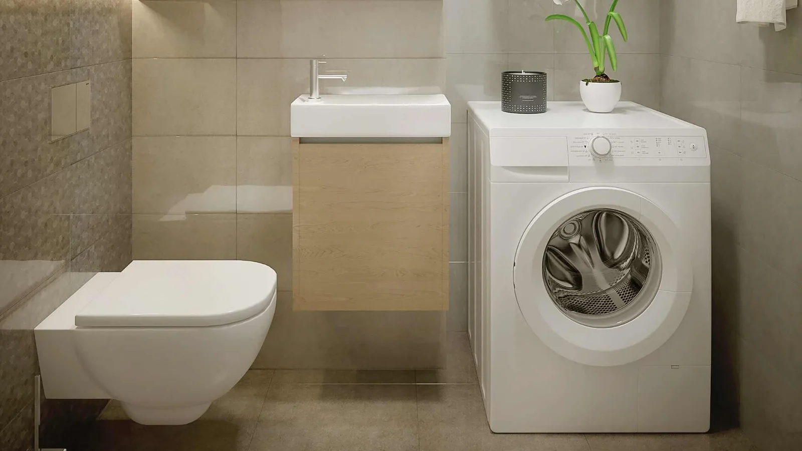 Washing machine tucked into a bathroom