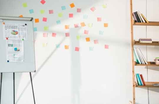 Whiteboard with post-it notes and shelves in a home office