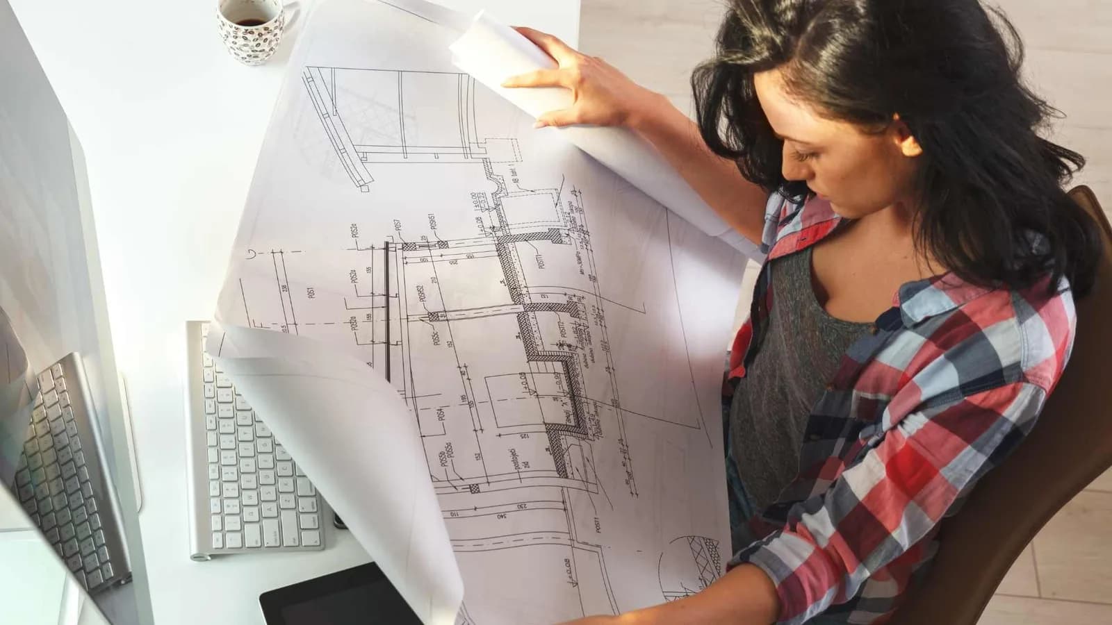 woman studying structural drawings