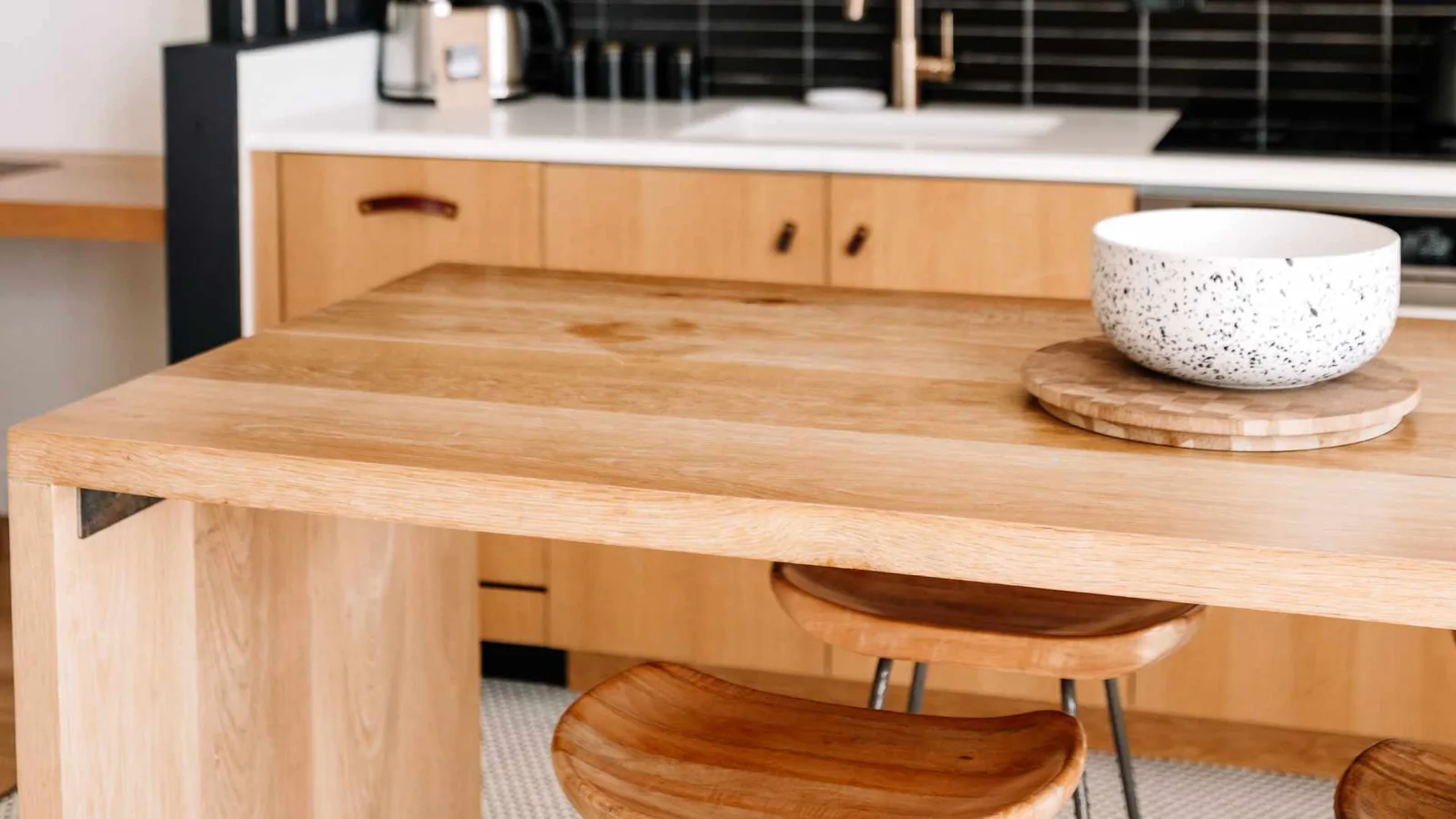 Wood kitchen island in a small ADU
