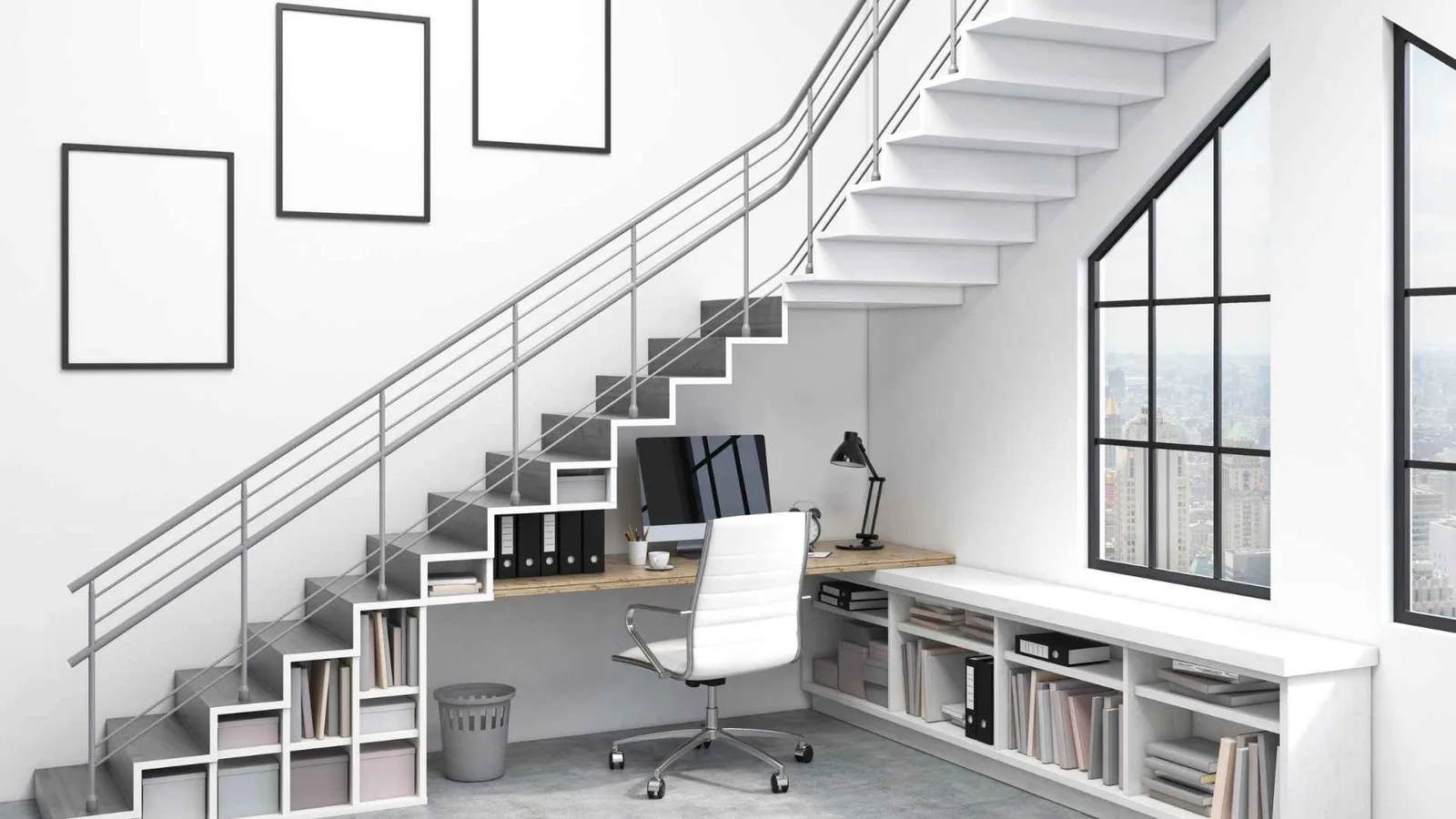 Work desk tucked into the space under the stairs